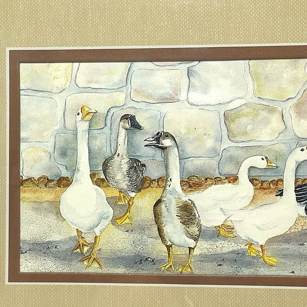 Geese Vintage Ava Freeman Watercolor Print Framed Brown Mat Wood Frame Country